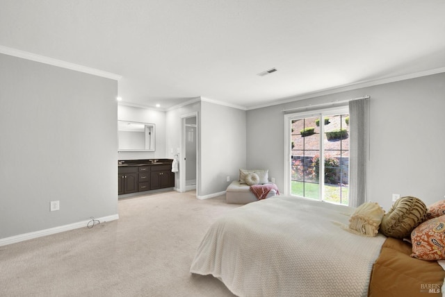 bedroom featuring visible vents, baseboards, crown molding, and light colored carpet
