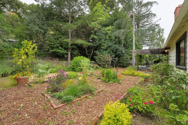view of yard featuring a fenced backyard, a pergola, a patio area, and a garden