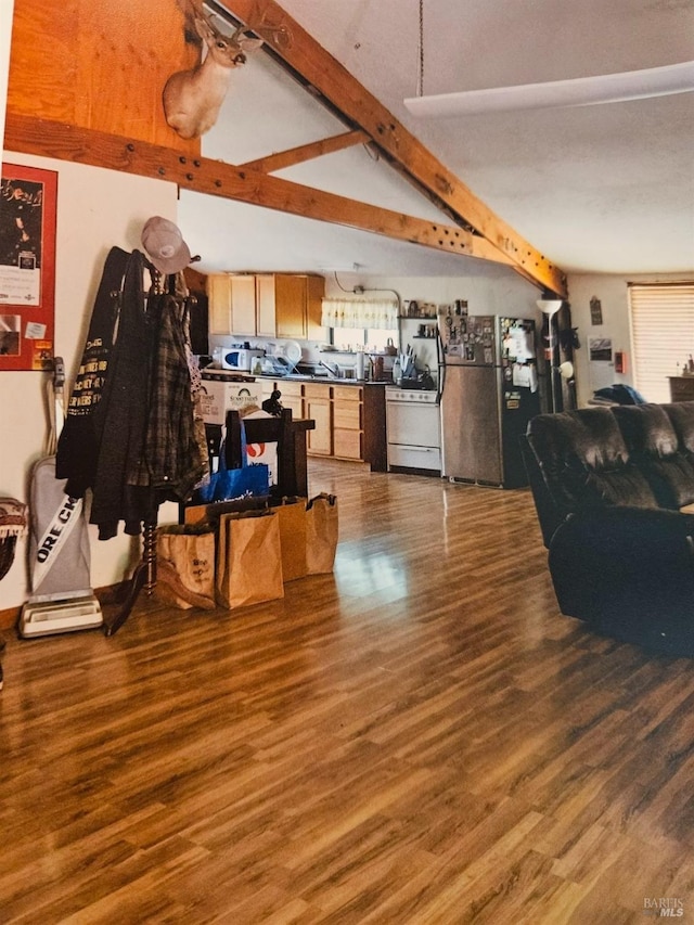 51211 Dunham Rd, Laytonville, CA 95587 - living room featuring lofted ceiling with beams and wood finished floors