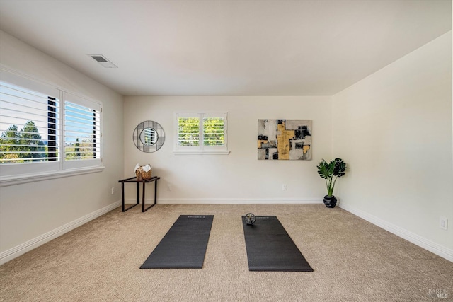 exercise area with visible vents, baseboards, and carpet floors