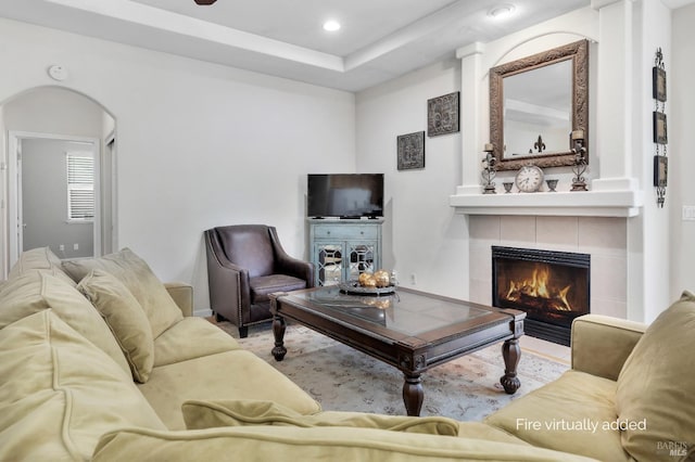 8724 Windsor Rd, Windsor, CA 95492 - living room with arched walkways, recessed lighting, and a tiled fireplace