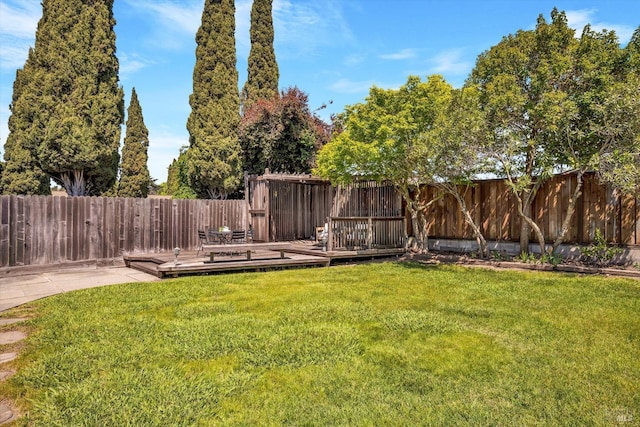 view of yard featuring a fenced backyard and a wooden deck