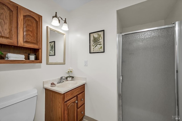 bathroom featuring toilet, a shower stall, and vanity