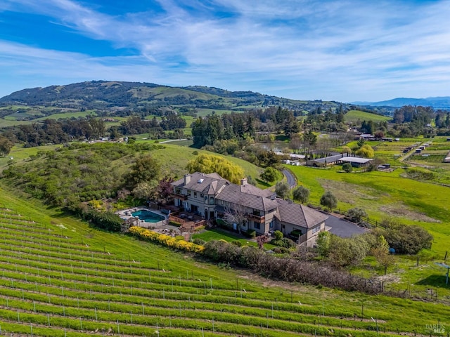 aerial view with a mountain view and a rural view