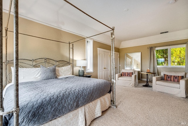 carpeted bedroom featuring visible vents and a closet