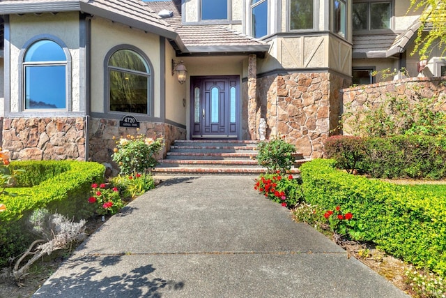 view of exterior entry with stucco siding and stone siding