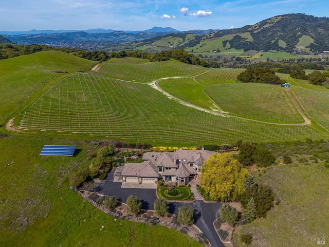 drone / aerial view featuring a rural view and a mountain view