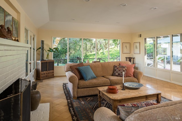 2480 Spring Mountain Rd, Saint Helena, CA 94574 - living area with a fireplace, lofted ceiling, and recessed lighting