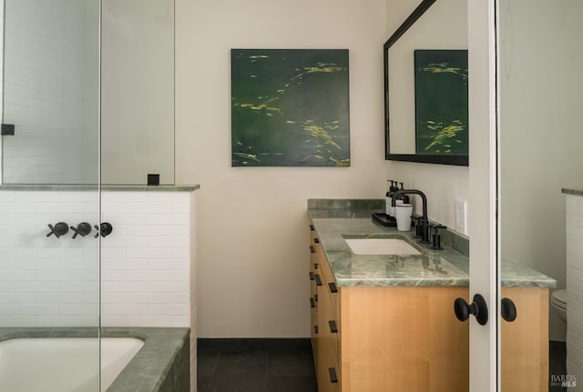 2480 Spring Mountain Rd, Saint Helena, CA 94574 - bathroom with tiled tub, double vanity, and a shower