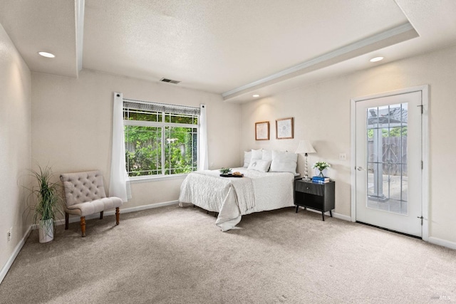 bedroom featuring carpet, visible vents, access to outside, and baseboards