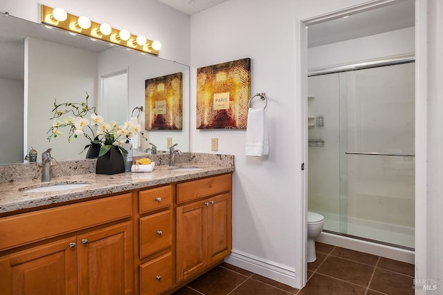 728 Walnut Ct, Novato, CA 94945 - full bath with a shower stall, tile patterned floors, double vanity, toilet, and baseboards