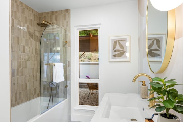 full bath featuring washtub / shower combination and vanity