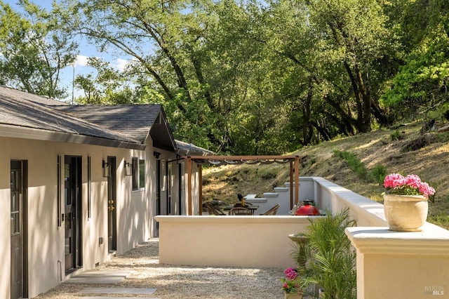 view of home's exterior featuring a shingled roof and stucco siding