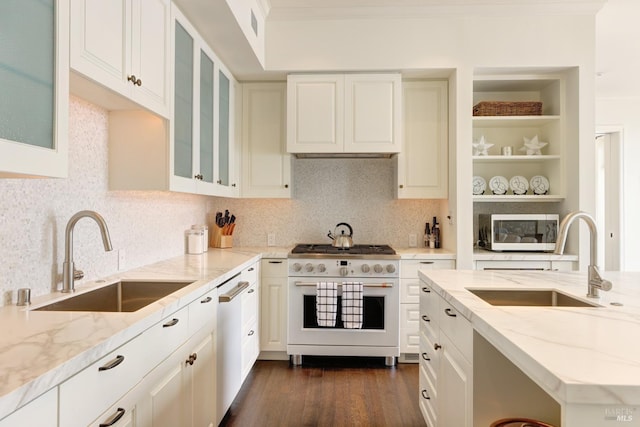 72 Lagoon Rd, Belvedere, CA 94920 - kitchen with white appliances, a sink, open shelves, light stone countertops, and ornamental molding