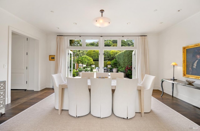 72 Lagoon Rd, Belvedere, CA 94920 - dining space featuring wood finished floors, ornamental molding, and baseboards