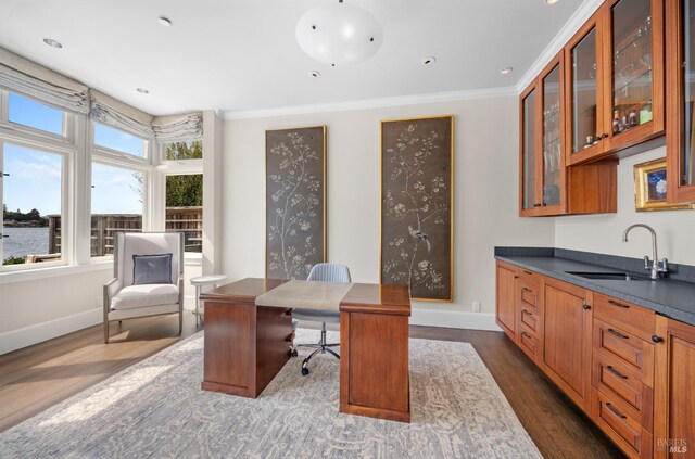 72 Lagoon Rd, Belvedere, CA 94920 - office with a sink, dark wood-style flooring, baseboards, crown molding, and a water view
