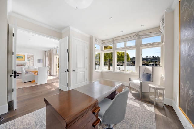72 Lagoon Rd, Belvedere, CA 94920 - office featuring ornamental molding, dark wood-style flooring, and baseboards