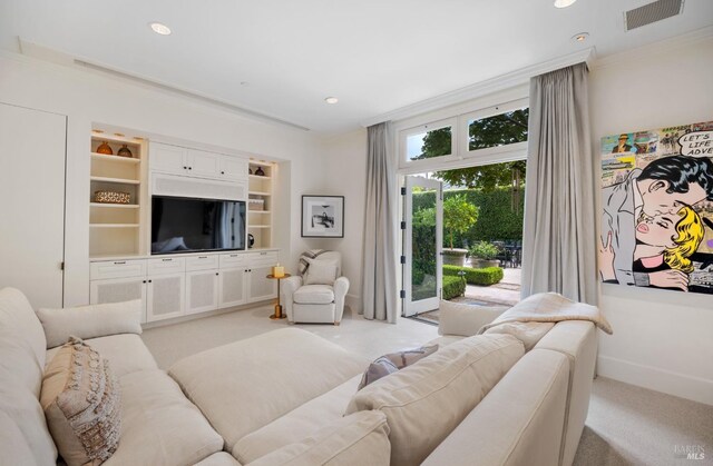 72 Lagoon Rd, Belvedere, CA 94920 - living room with light carpet, ornamental molding, recessed lighting, and baseboards