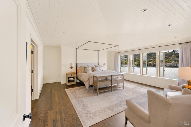 72 Lagoon Rd, Belvedere, CA 94920 - bedroom featuring wooden ceiling, dark wood-type flooring, baseboards, a water view, and vaulted ceiling