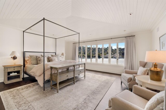 72 Lagoon Rd, Belvedere, CA 94920 - bedroom featuring wooden ceiling, wood finished floors, and a water view