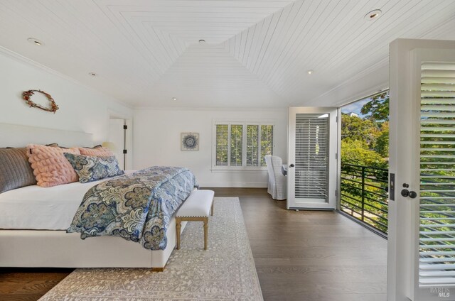 72 Lagoon Rd, Belvedere, CA 94920 - bedroom with access to exterior, wood finished floors, and ornamental molding