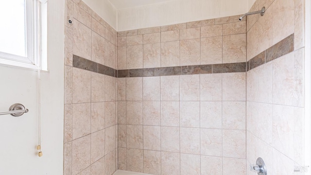 bathroom with walk in shower and a washtub