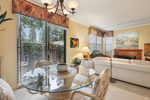 dining space featuring rail lighting, crown molding, carpet, and a fireplace