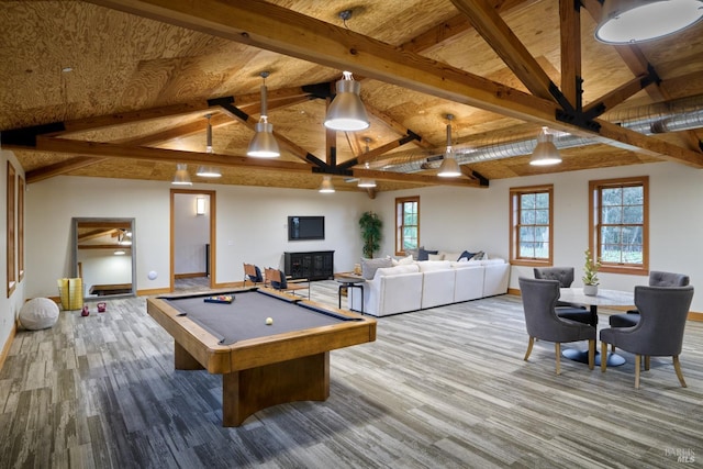 rec room featuring billiards, baseboards, lofted ceiling with beams, and wood finished floors