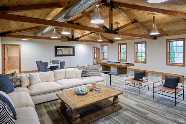 living area with pool table, lofted ceiling with beams, baseboards, and visible vents