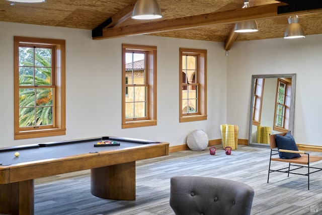 rec room with baseboards, beamed ceiling, wood finished floors, and pool table