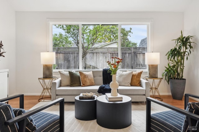 living area with baseboards, a healthy amount of sunlight, and wood finished floors