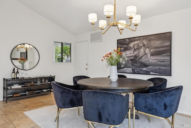 dining area with an inviting chandelier, baseboards, lofted ceiling, and visible vents