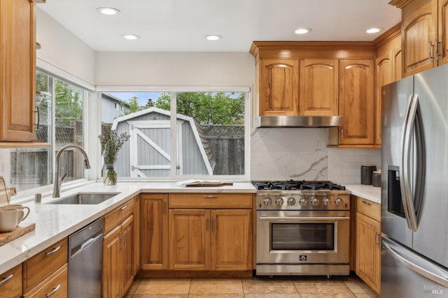 kitchen with brown cabinetry, under cabinet range hood, tasteful backsplash, a sink, and stainless steel appliances