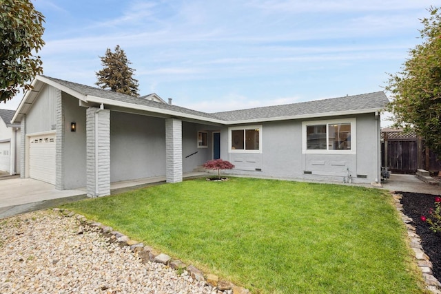 ranch-style home with a garage, fence, a front yard, stucco siding, and driveway