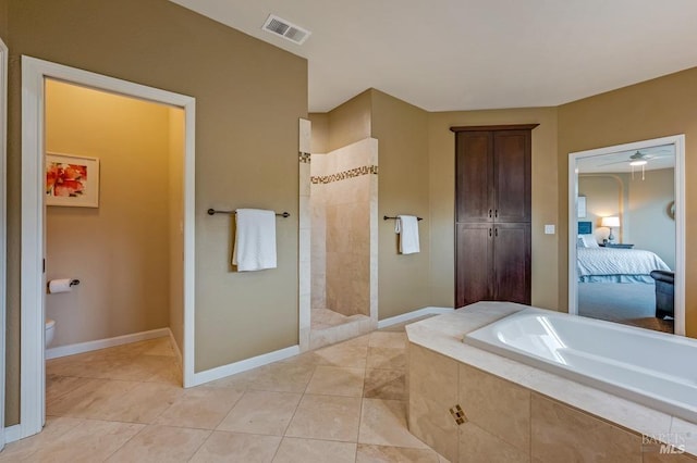 full bathroom with visible vents, tile patterned flooring, toilet, a walk in shower, and a bath