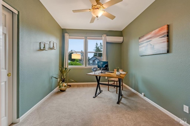 carpeted office with baseboards, a textured wall, a ceiling fan, and a wall mounted air conditioner