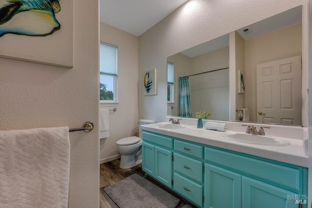 full bathroom featuring double vanity, toilet, a sink, and wood finished floors