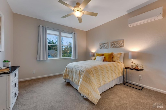 bedroom with light colored carpet, baseboards, and a wall mounted AC