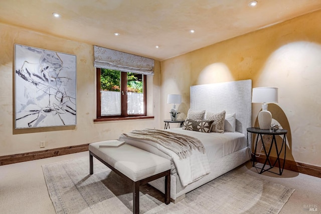 carpeted bedroom with recessed lighting and baseboards