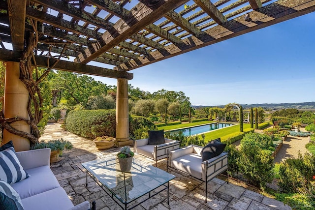 view of patio with an outdoor hangout area, a pergola, a water view, and an outdoor pool
