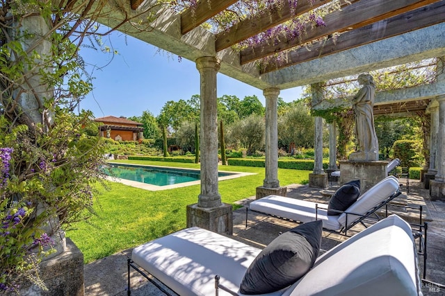 view of patio / terrace with an outdoor pool and a pergola