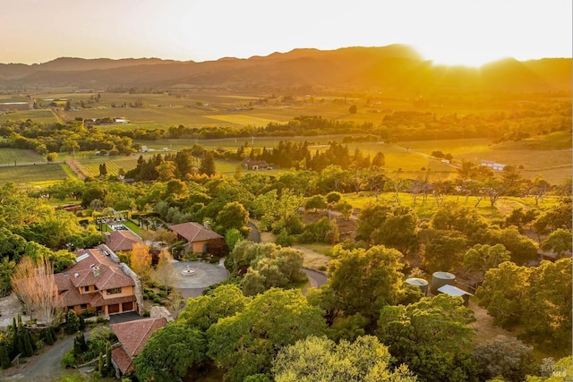 aerial view at dusk featuring a rural view and a mountain view