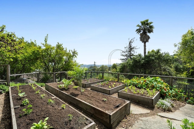 view of yard featuring fence and a garden
