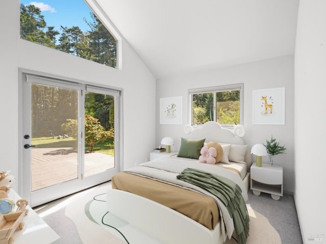 bedroom featuring access to outside, high vaulted ceiling, and carpet
