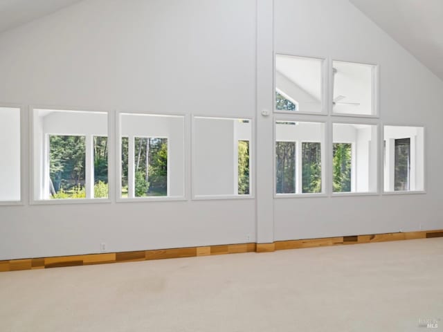 interior space with carpet flooring and high vaulted ceiling