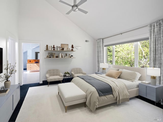 carpeted bedroom with high vaulted ceiling, ensuite bathroom, a ceiling fan, and visible vents