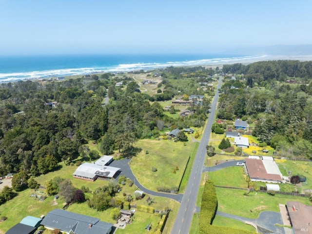 drone / aerial view featuring a water view and a wooded view