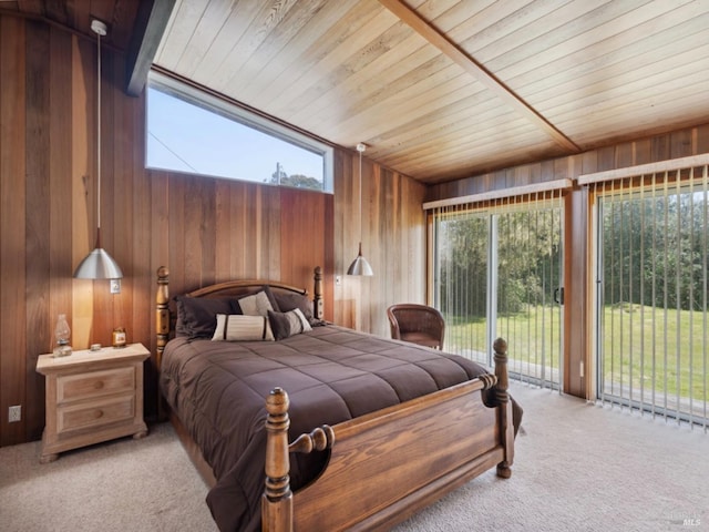bedroom featuring wooden ceiling, access to outside, carpet flooring, and wood walls