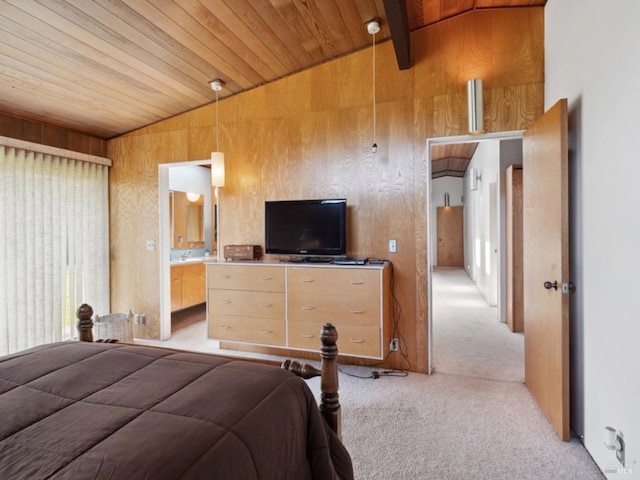 bedroom featuring lofted ceiling, ensuite bathroom, wooden walls, light colored carpet, and wood ceiling