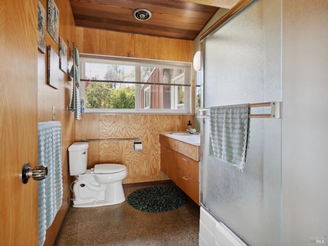 full bathroom featuring vanity, a shower with door, toilet, wooden walls, and wooden ceiling